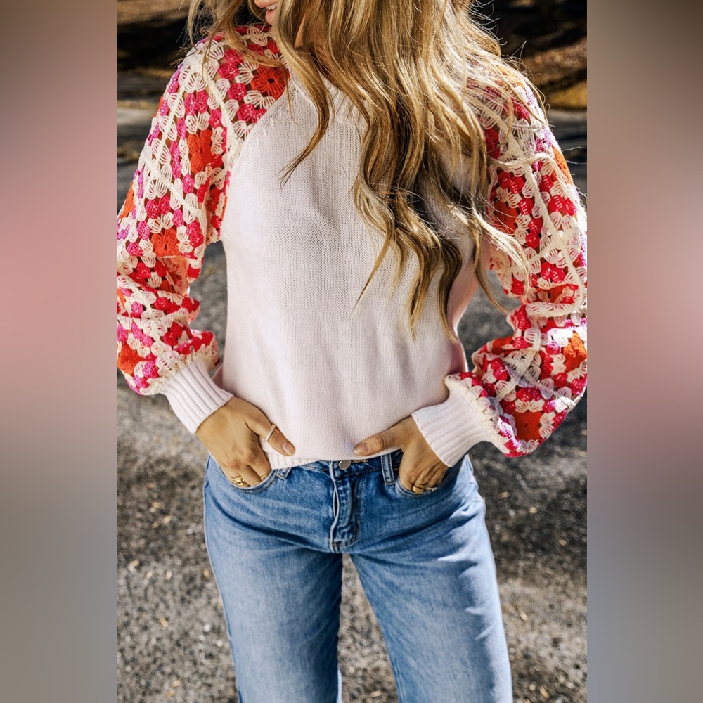 Flower Element Openwork Round Neck Sweater - image 4